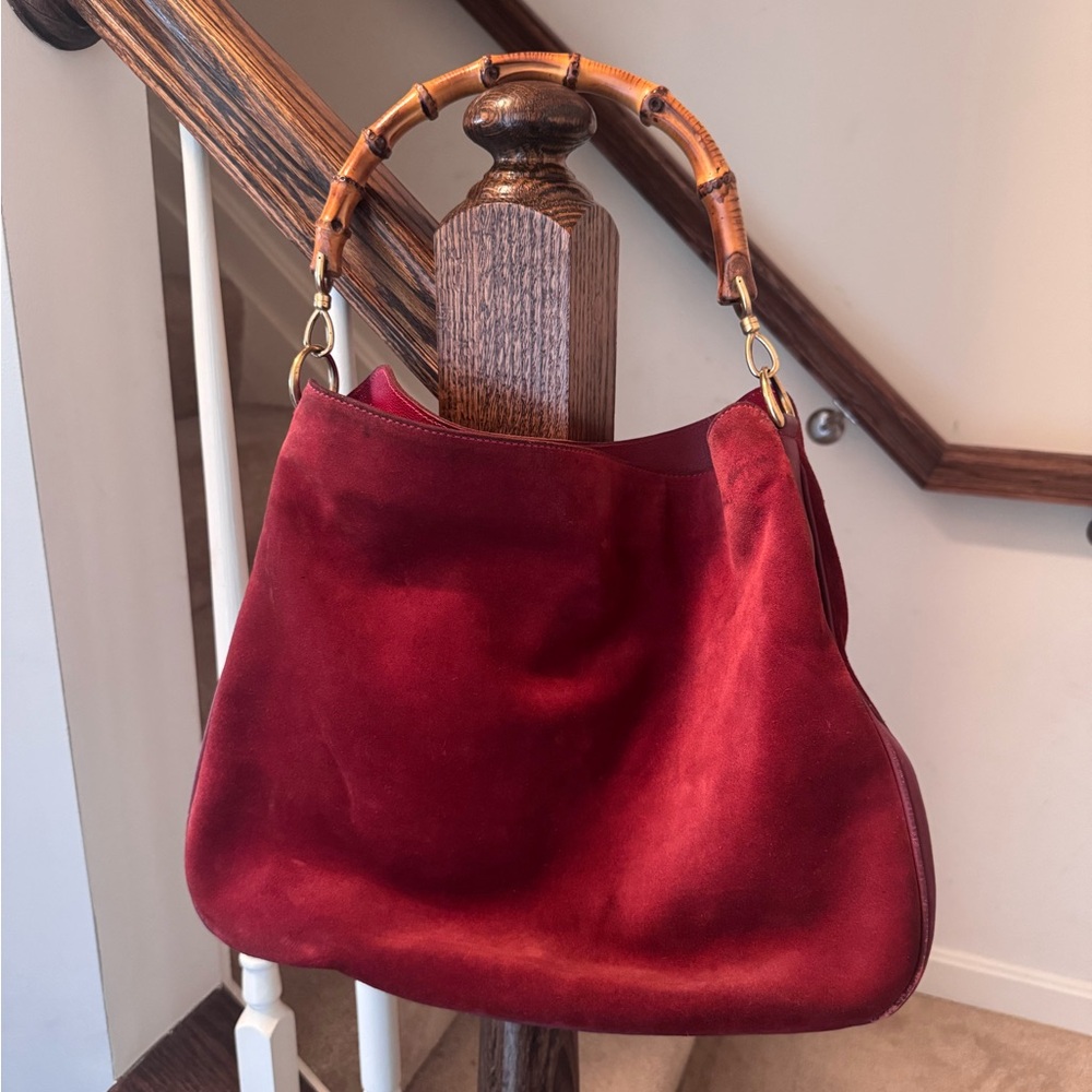 Rare Gucci Red Suede Shoulder Bag with Bamboo Handle